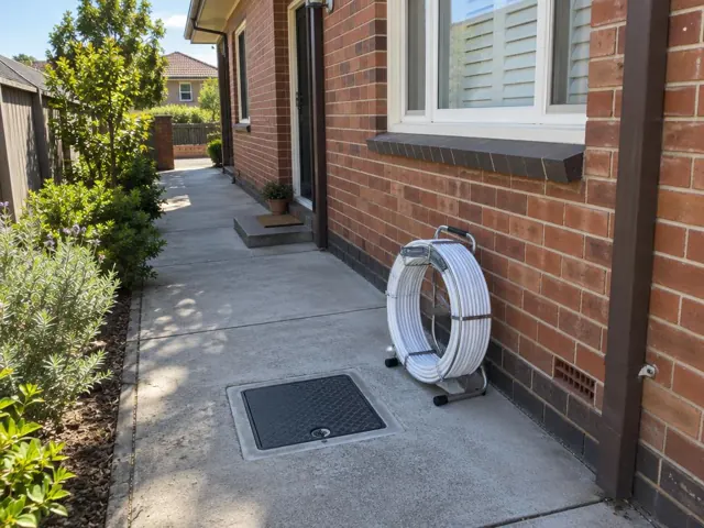 Concrete side path beside a brick house with a flush access cover in Artarmon