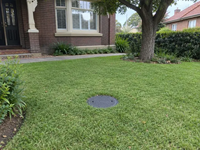 Flush capped sewer access cover set in a neat lawn beside a brick house in Chatswood